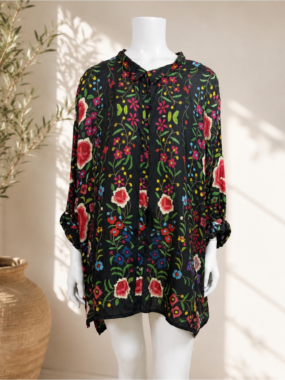 Johnny Was 100% Silk Floral Button Front Tunic Blouse 2X Oversized Boho